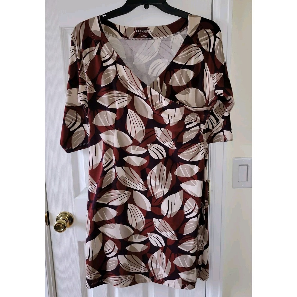 Soft Surroundings‎ Petite Dress Size Large Faux Wrap Leaf Pattern Brown AS IS